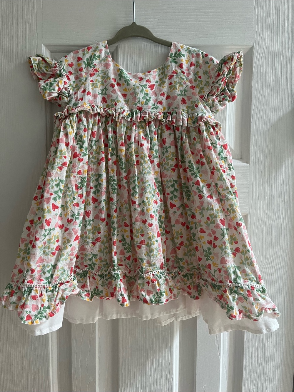 Rachel Zoe Girls Floral Heart Print Ruffled Dress - White, Pink, Green
